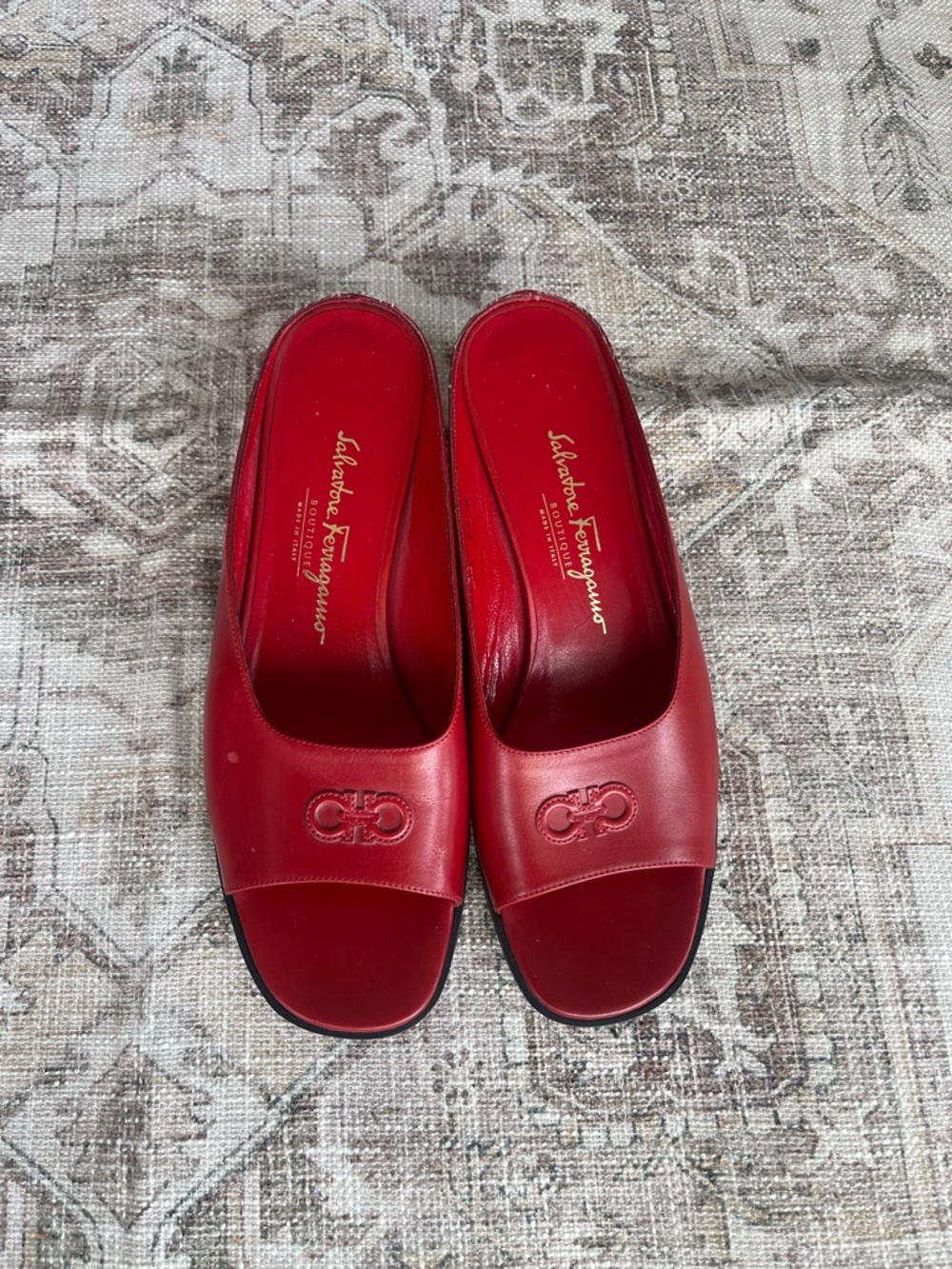 Salvatore Ferragamo Red Leather Slide Mules with Gancini Detail
